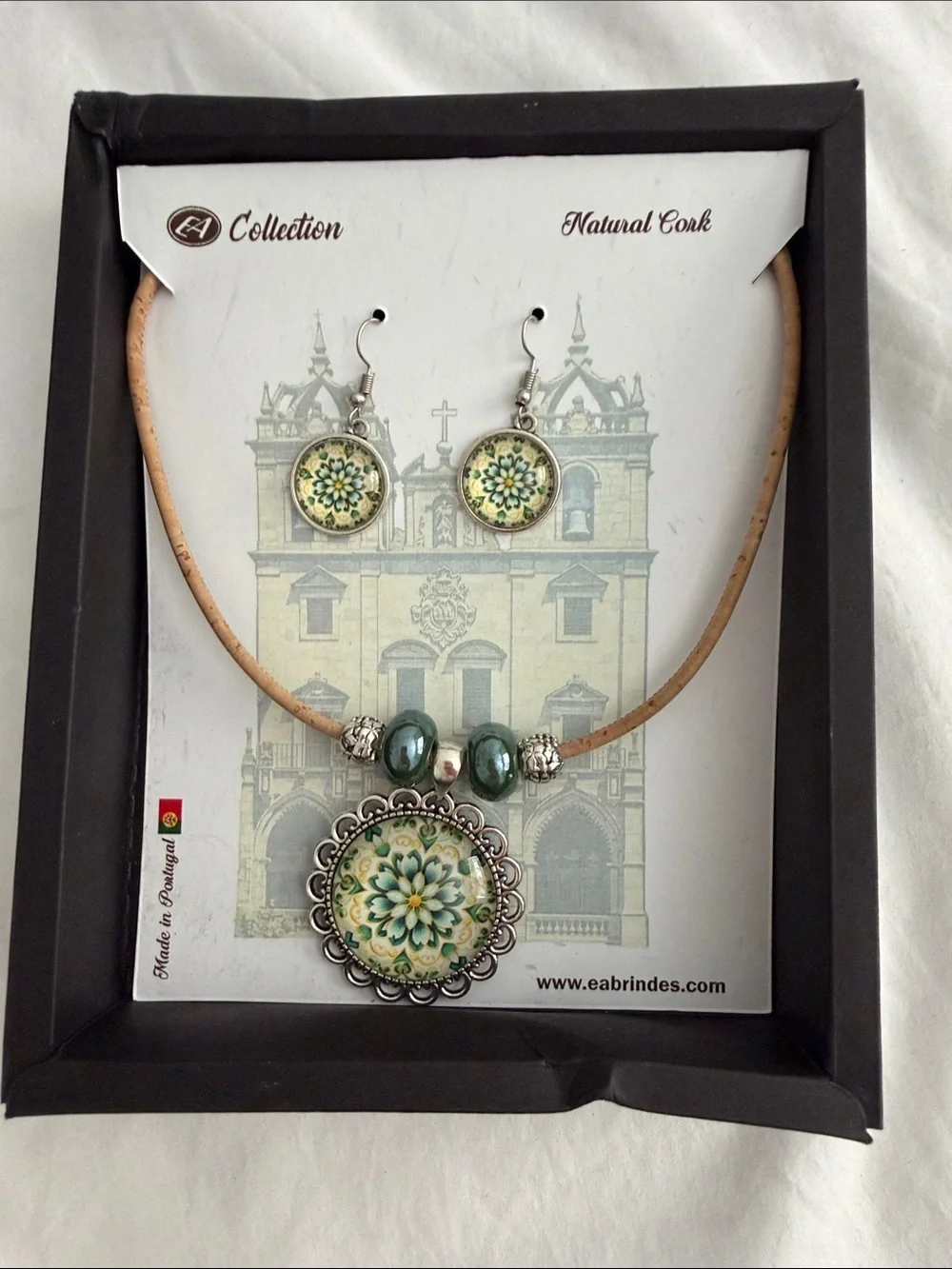 Tea Collection Green and Cream Floral Pendant Necklace with Matching Earrings